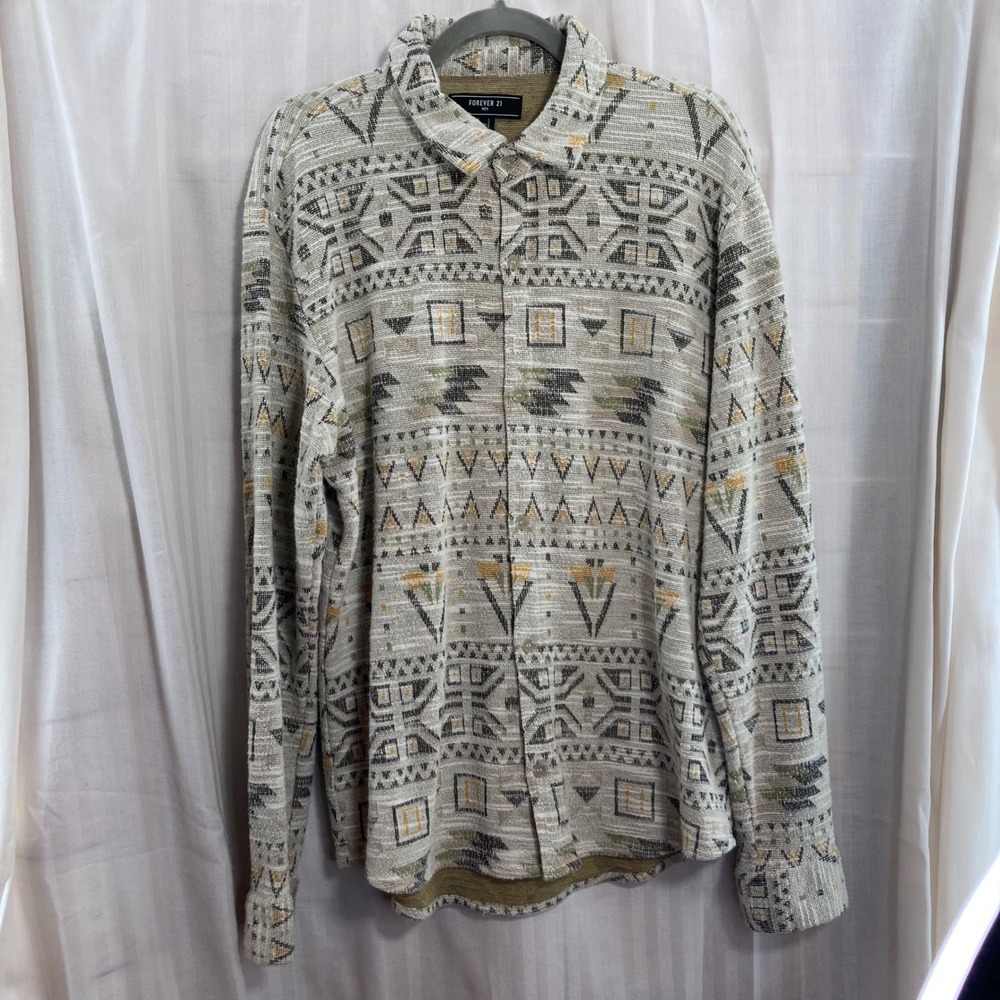 Forever 21 Men Geometric Print Long Sleeve Button Down Shirt Large Aztec Western